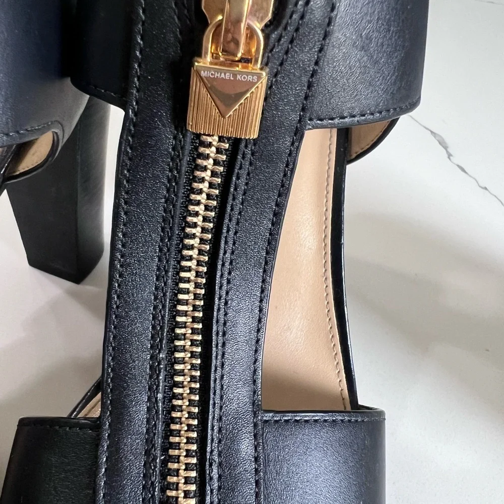 Michael Kors Black Leather T-Strap Heels with Gold Zip Detail - Picture 4 of 6